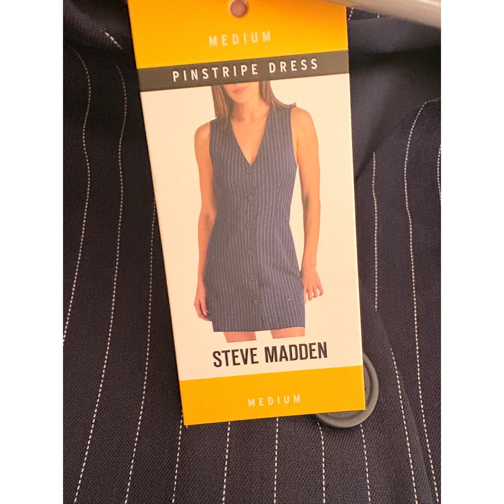 Steve Madden Pinstripe Dress Womens Medium Navy NWT Button Front Vest Mini - Picture 6 of 8